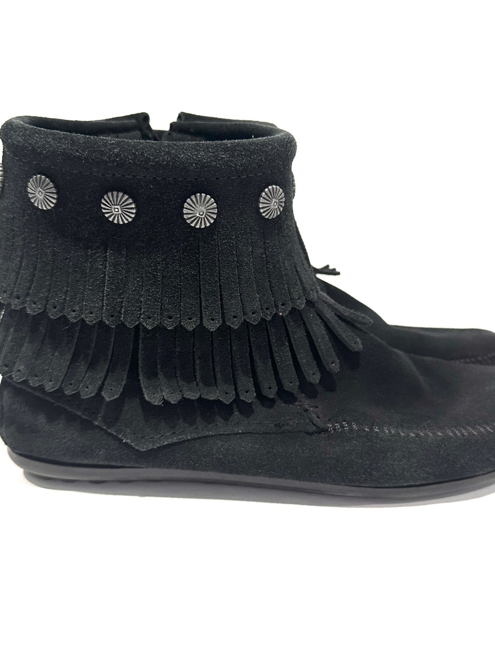 Minnetonka Black Fringe Grommet Detail Ankle Booties - Picture 3 of 8